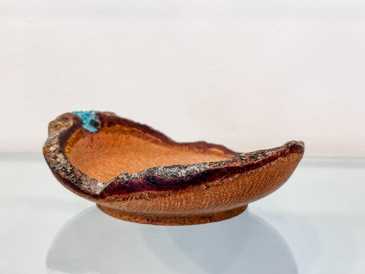 Small, handmade, natural edge coconut wood bowl with turquoise detailing, Hand-turned in Hawaii by Llosh Winne