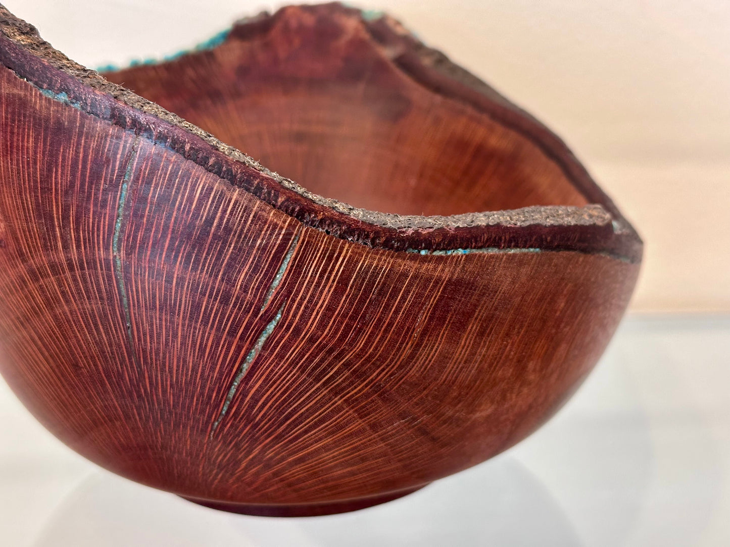 Natural Edge Artisanal Macadamia Nut Wood Bowl with Bark Inclusion and Turquoise Inlay