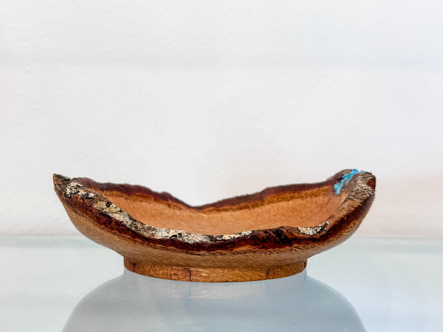 Small, handmade, natural edge coconut wood bowl with turquoise detailing, Hand-turned in Hawaii by Llosh Winne