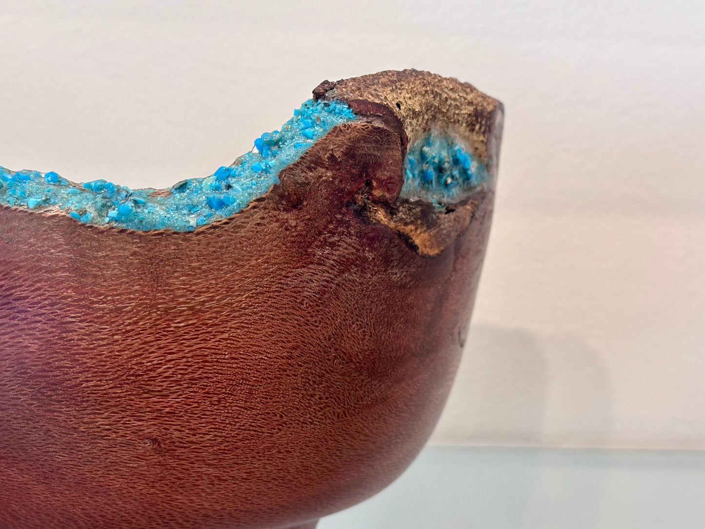Natural Edge Artisanal Macadamia Nut Wood Bowl with Bark Inclusion and Turquoise Inlay