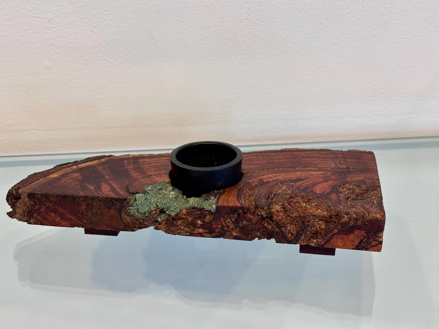 Handmade Koa Wood Ikebana (Japanese Style Vase) with Bark Inclusion and Turquoise Gemstone Inlay, Wood Ikebana, Made in Hawaii