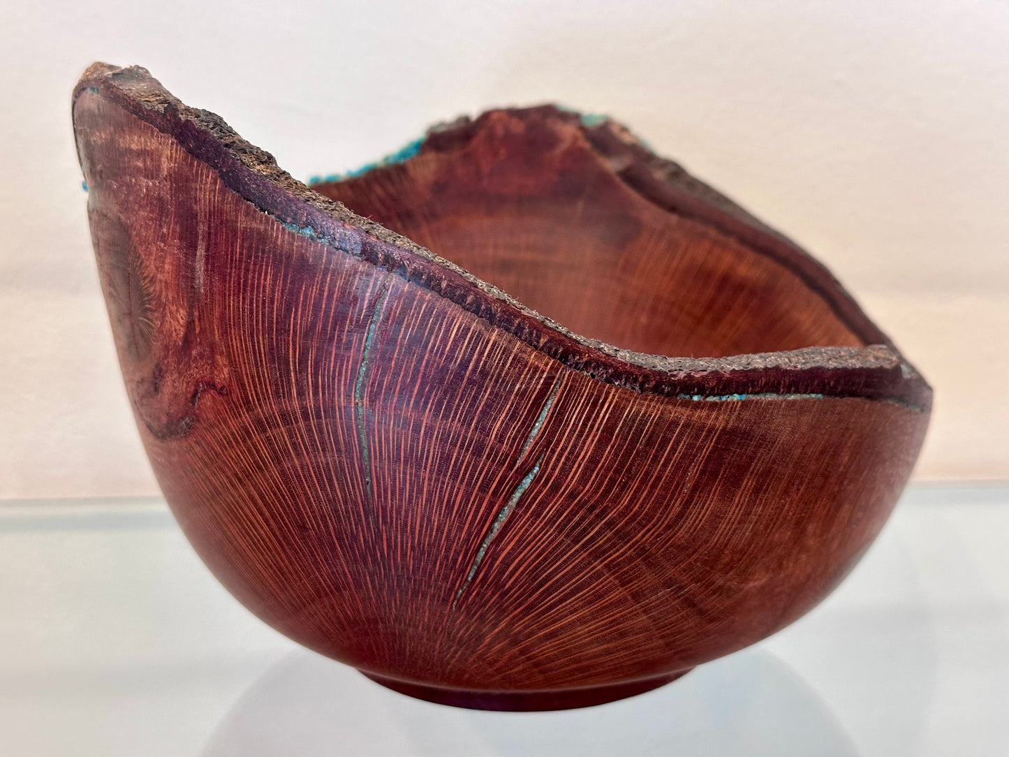 Natural Edge Artisanal Macadamia Nut Wood Bowl with Bark Inclusion and Turquoise Inlay