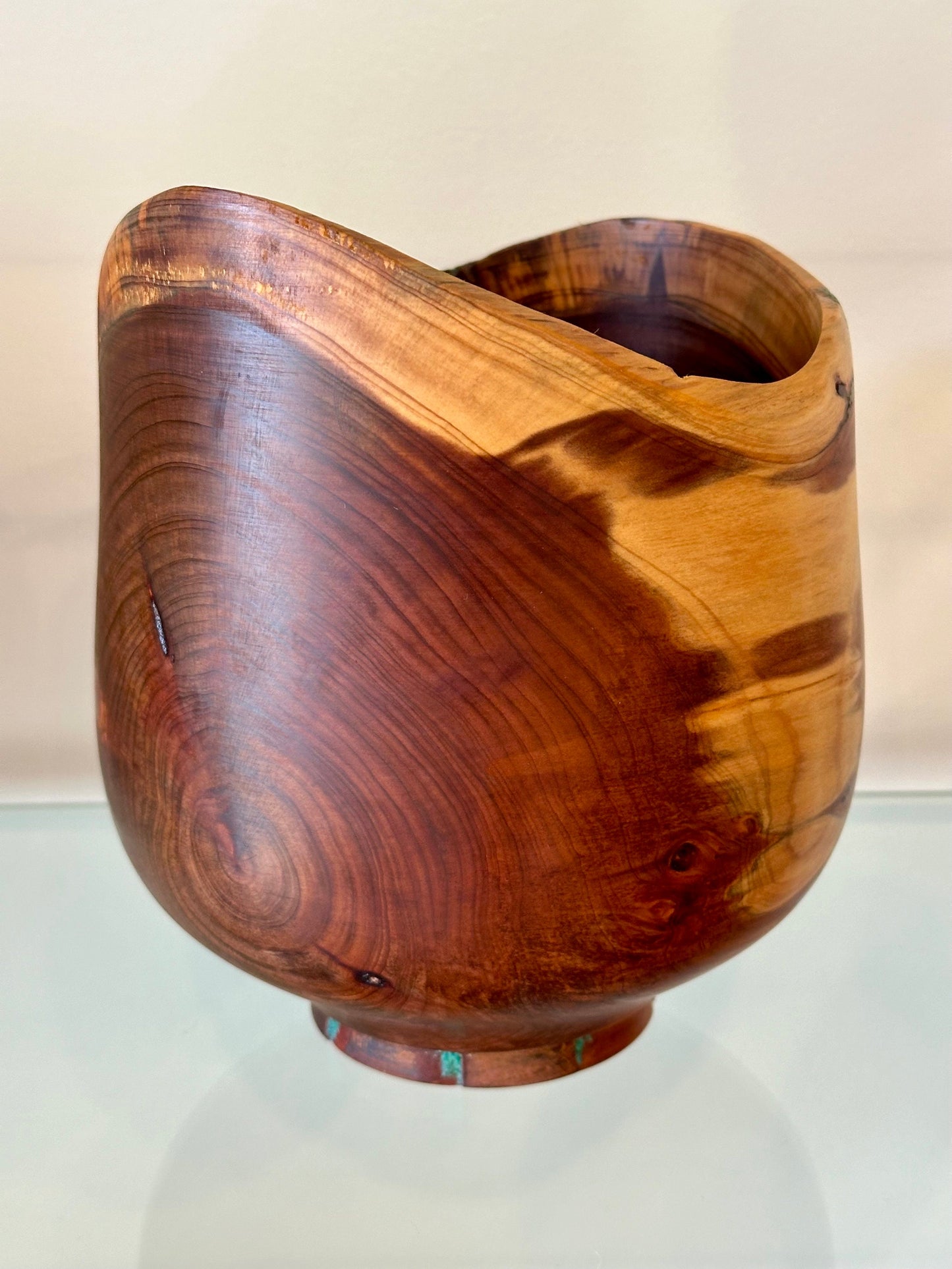 Handmade, natural edge juniper wood bowl with turquoise detailing, Hand-turned in Hawaii by Llosh Winne