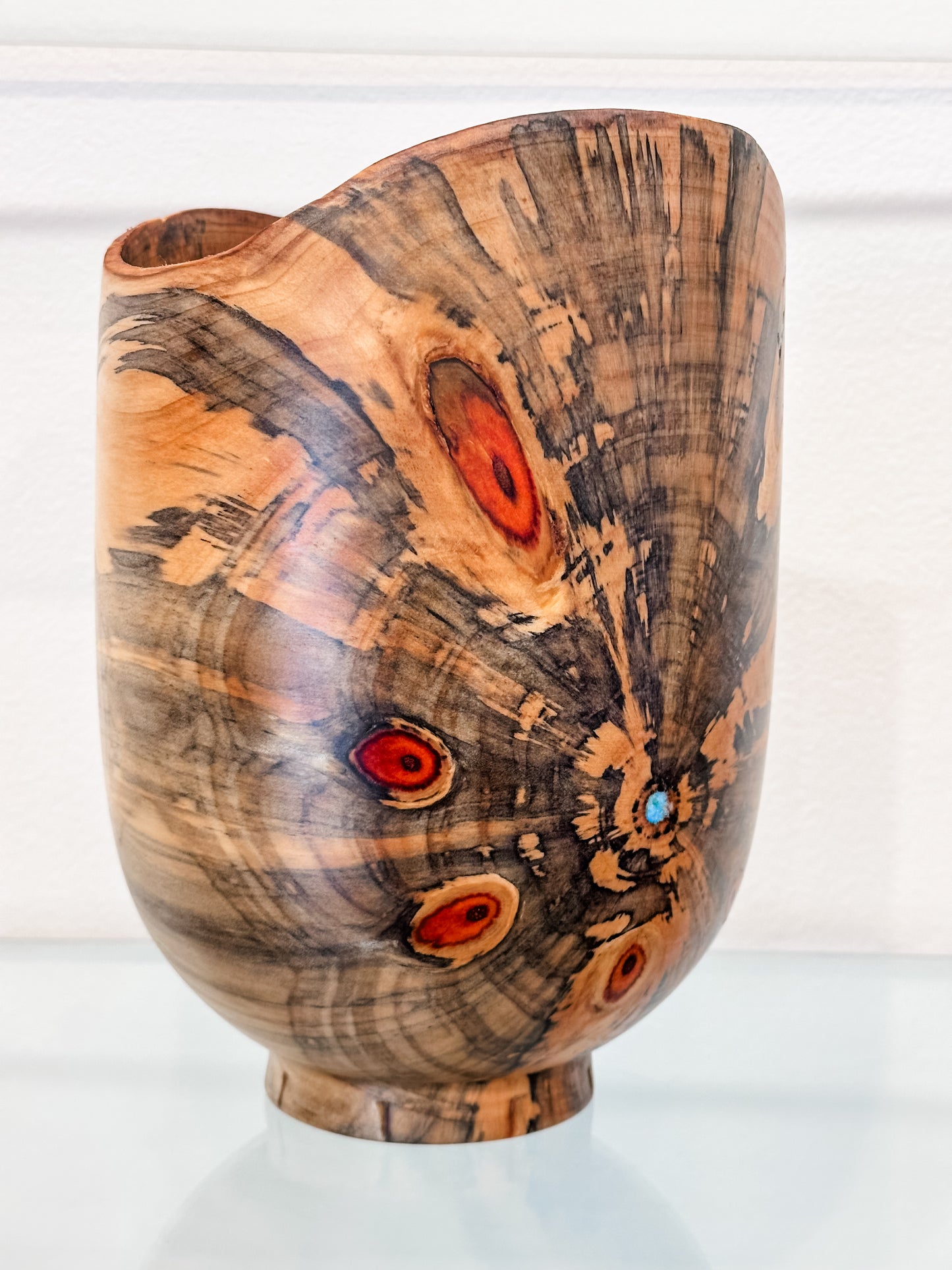 Handmade Vase-Shaped Norfolk Pine Wood Bowl with Turquoise Inlay Detail, Organic Finishes