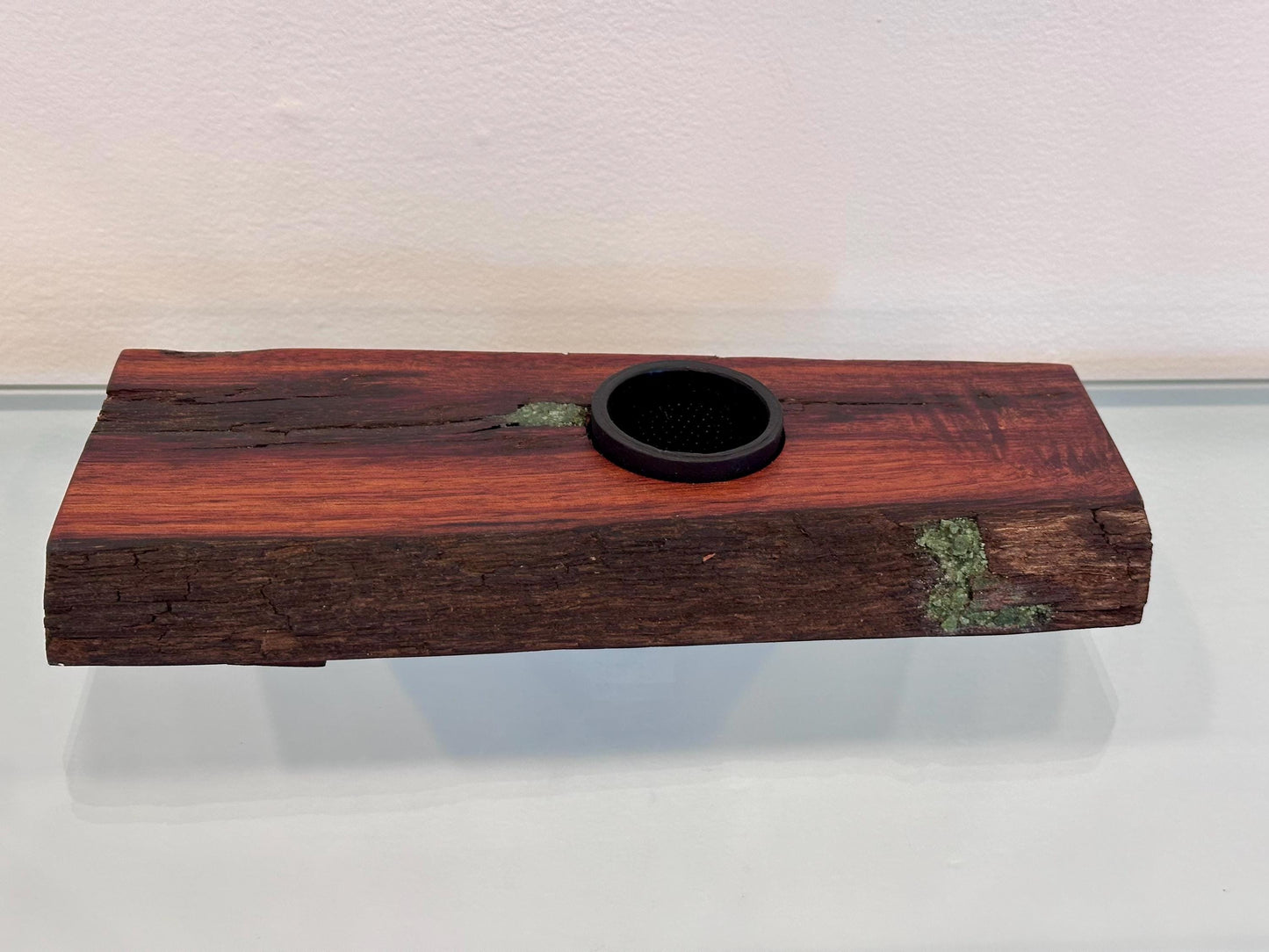 Handmade Koa Wood Ikebana (Japanese Style Vase) with Bark Inclusion and Turquoise Gemstone Inlay, Wood Ikebana, Made in Hawaii