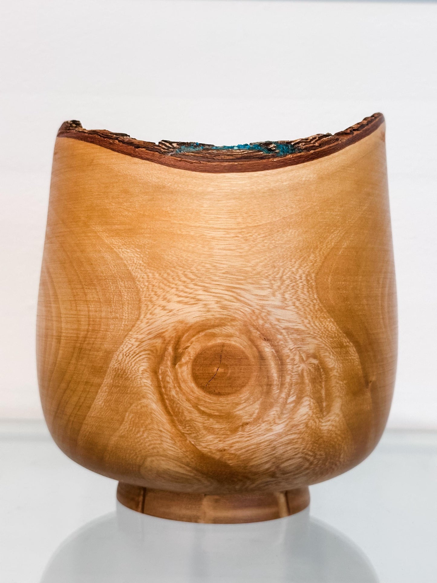 Jacaranda Wood Bowl, Handmade, Artisanal, Natural Edge, with Bark Inclusion and Turquoise Inlay, Hand-carved out of jacaranda wood in Hawaii