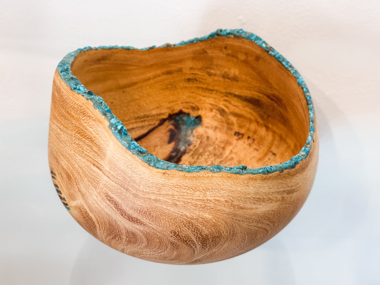 Jacaranda Wood Bowl, Natural Edge with Turquoise Inlay, Handmade in Hawaii