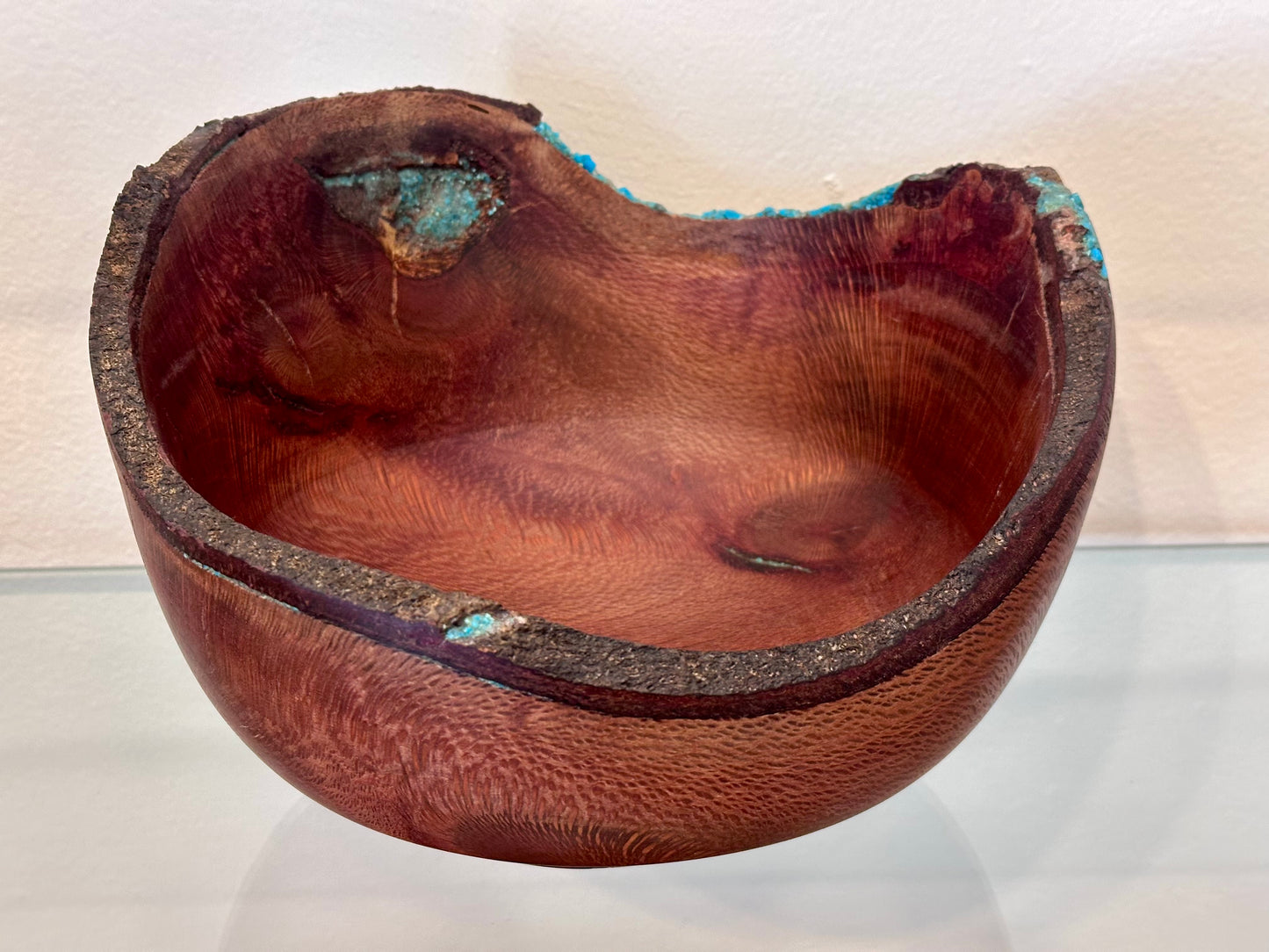 Natural Edge Artisanal Macadamia Nut Wood Bowl with Bark Inclusion and Turquoise Inlay