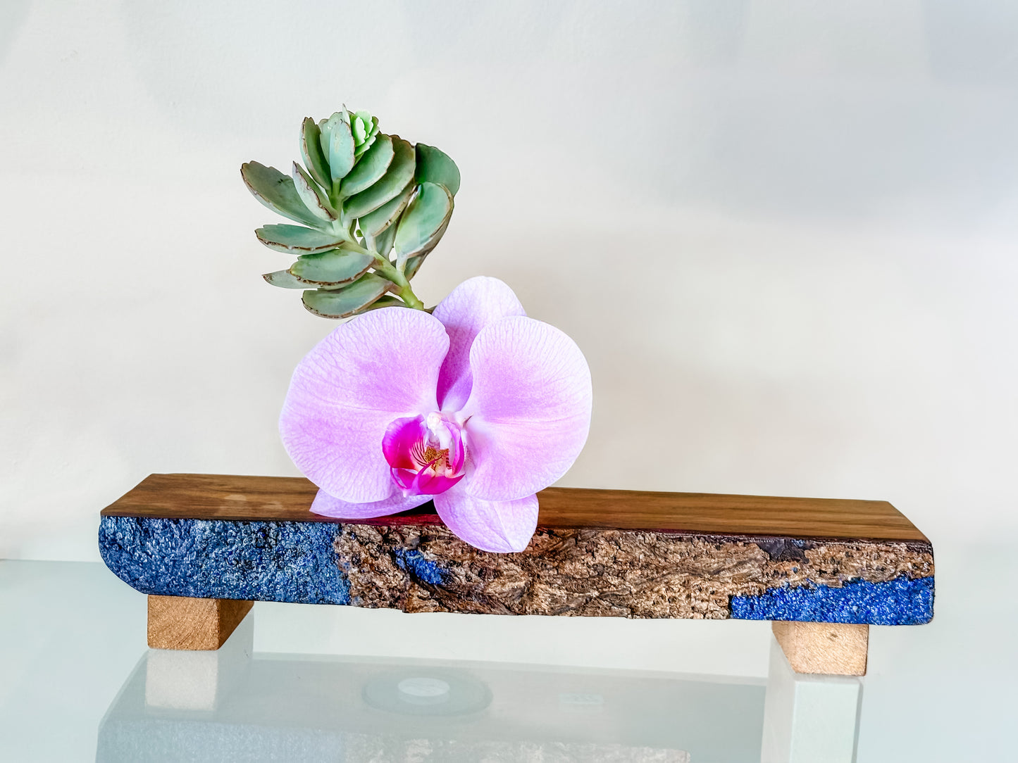 Handmade Koa Wood Ikebana (Japanese Style Vase) with Bark Inclusion and Turquoise Gemstone Inlay, Wood Ikebana, Made in Hawaii