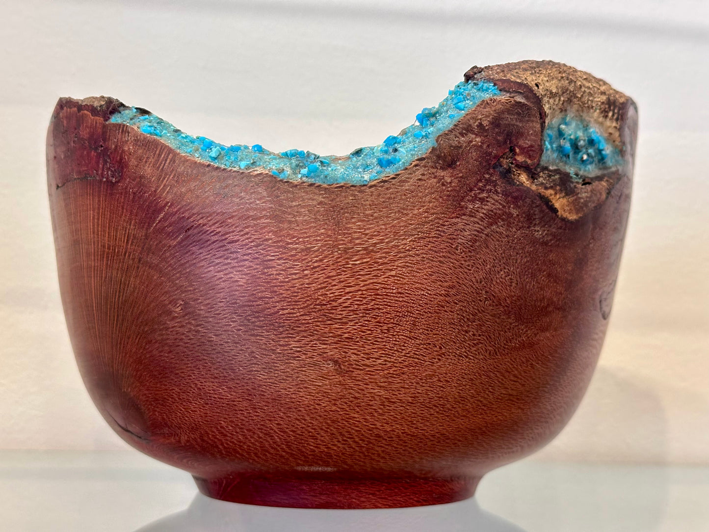 Natural Edge Artisanal Macadamia Nut Wood Bowl with Bark Inclusion and Turquoise Inlay