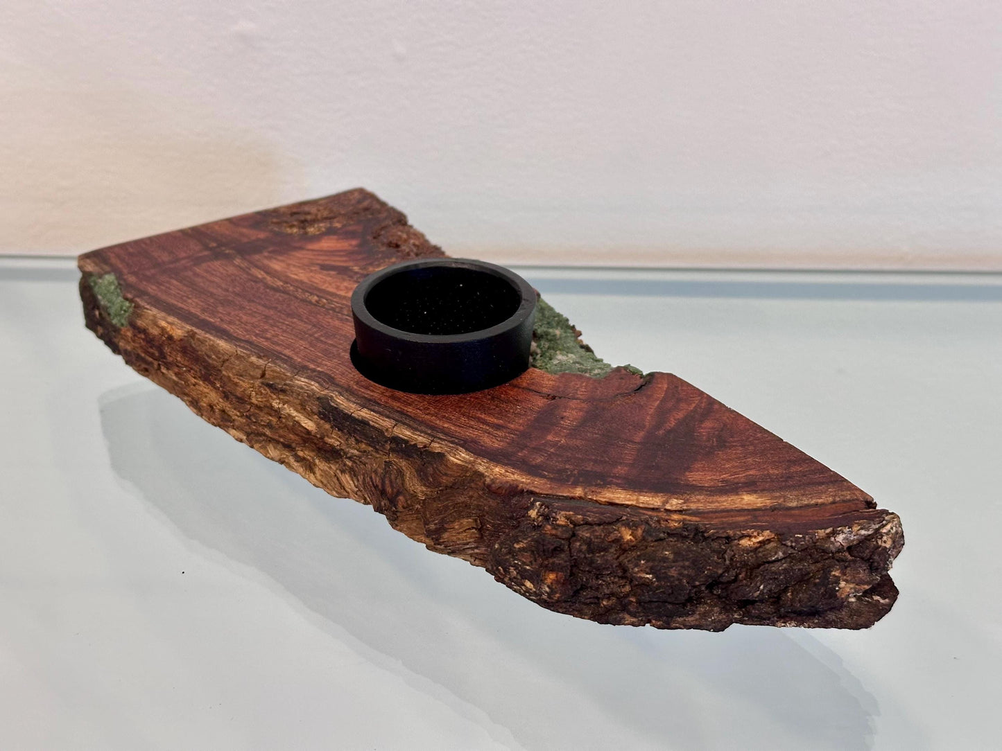 Handmade Koa Wood Ikebana (Japanese Style Vase) with Bark Inclusion and Turquoise Gemstone Inlay, Wood Ikebana, Made in Hawaii