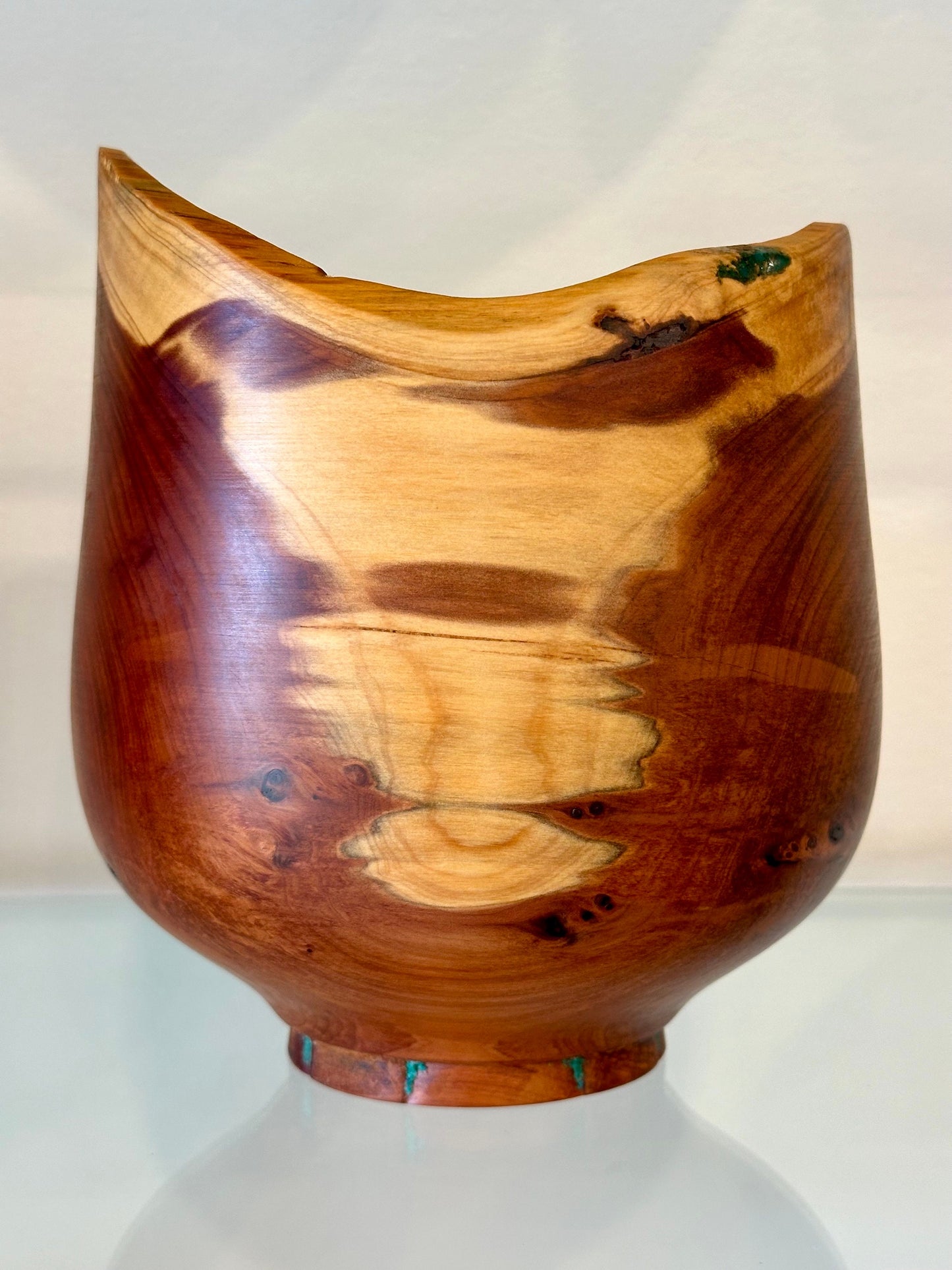 Handmade, natural edge juniper wood bowl with turquoise detailing, Hand-turned in Hawaii by Llosh Winne