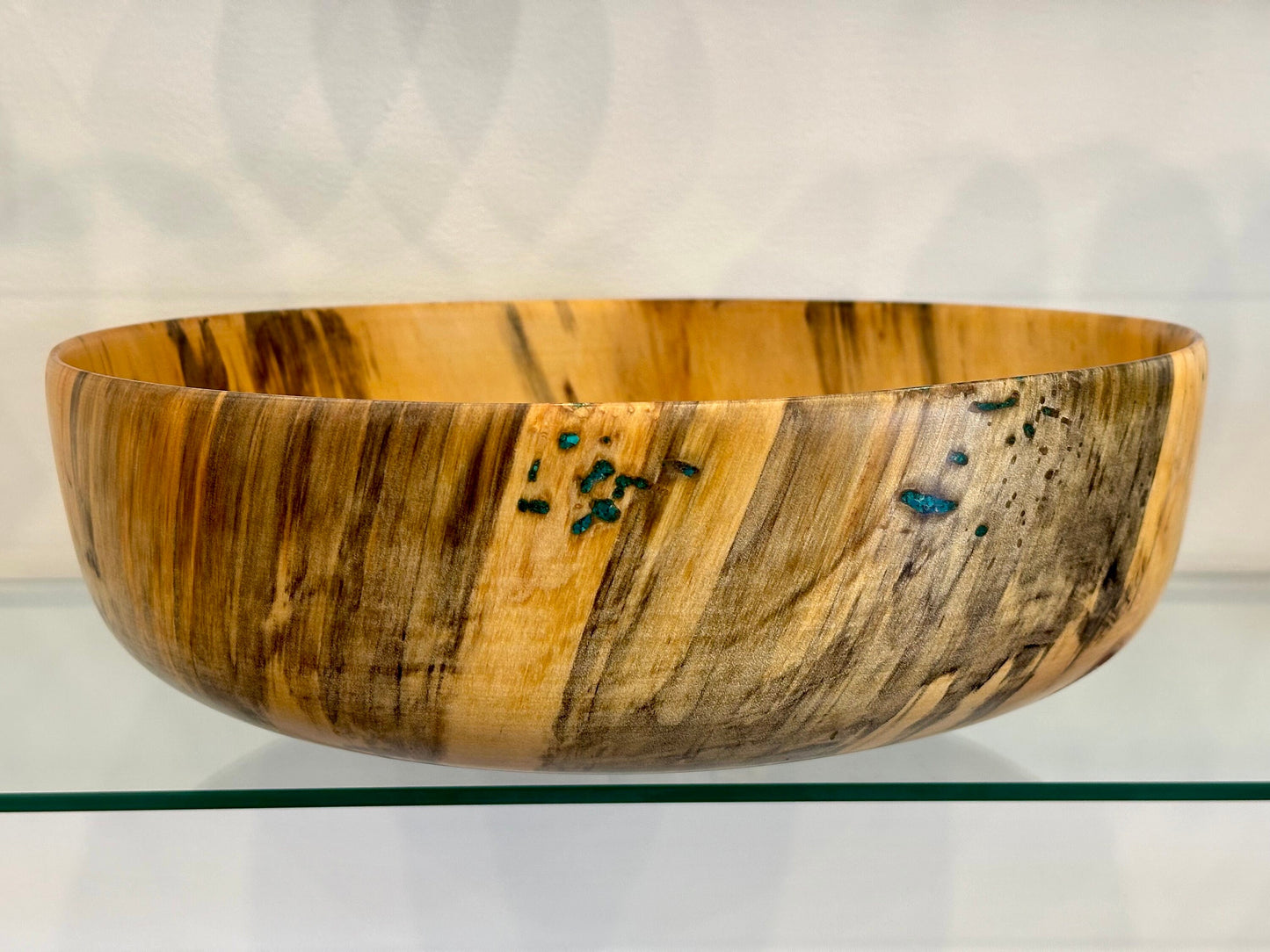 Large Wood Bowl, Handturned Wood Bowl, Norfolk Pine Wood Bowl, Decorated with Turquoise inlay, Handmade in Hawaii by Llosh Winne
