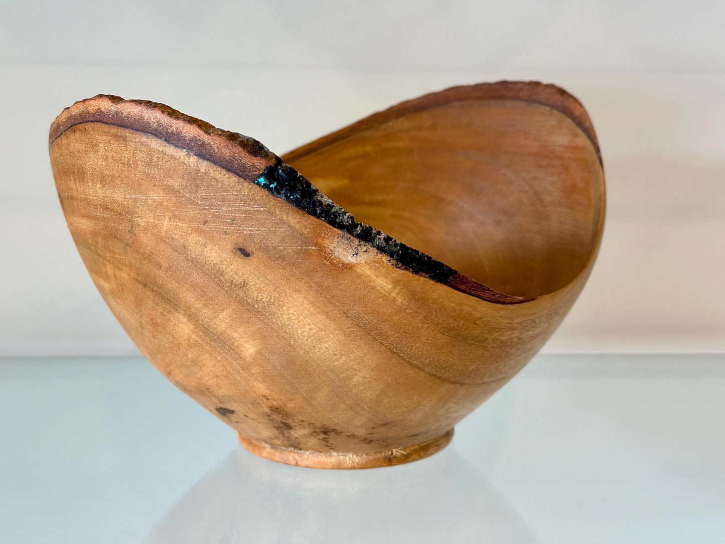 Natural Edge Mango Wood Bowl with Turquoise Gemstone and Black Alaskan Anthracite Inlay Detail, Handmade by Llosh Winne