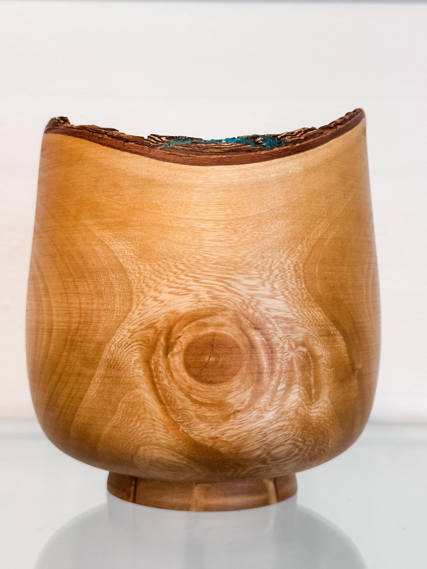 Jacaranda Wood Bowl, Handmade, Artisanal, Natural Edge, with Bark Inclusion and Turquoise Inlay, Hand-carved out of jacaranda wood in Hawaii