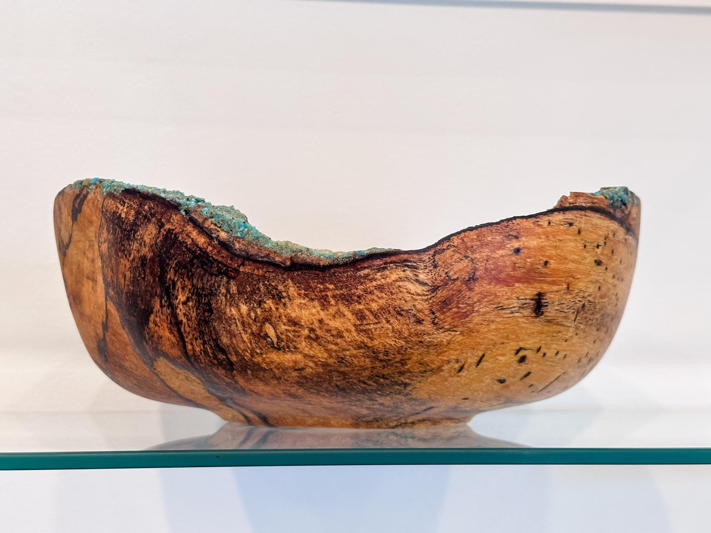 Medium Natural Edge Spalted Tamarind Wood Bowl Detailed with Turquoise Gemstone Inlay, Handmade in Hawaii by Llosh Winne