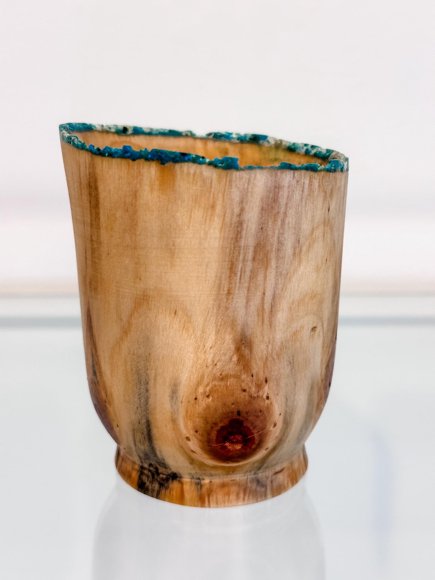 Small Norfolk Pine wood bowl, Artisanal wood bowl, Decorated with fine turquoise inlay, Hand-turned in Hawaii by artist Llosh Winne