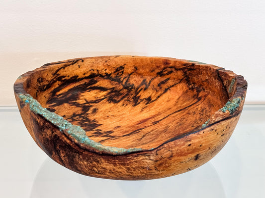 Medium Natural Edge Spalted Tamarind Wood Bowl Detailed with Turquoise Gemstone Inlay, Handmade in Hawaii by Llosh Winne