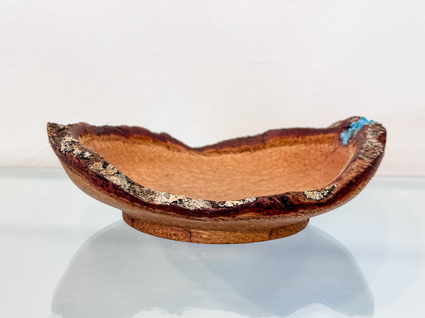 Small, handmade, natural edge coconut wood bowl with turquoise detailing, Hand-turned in Hawaii by Llosh Winne