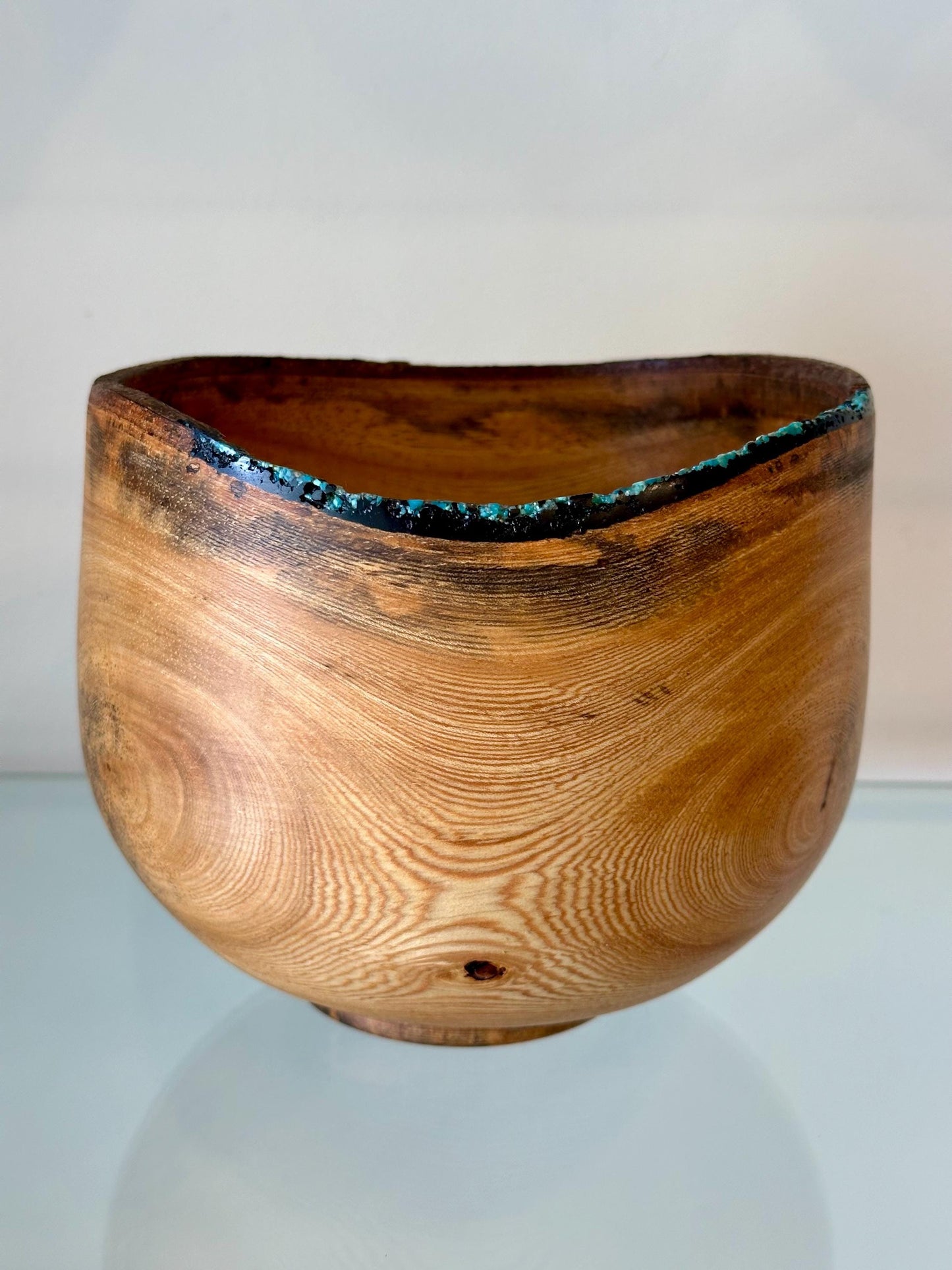 Banyan wood bowl, Decorated with turquoise gemstone and Alaskan Anthracite inlay, Handmade in Hawaii by Llosh Winne