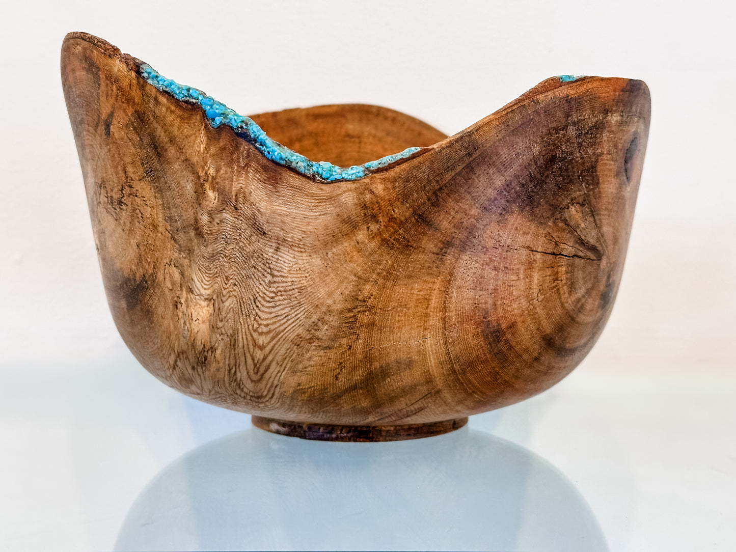 Banyan Wood Bowl, Decorated with Turquoise Gemstone Inlay, Handmade in Hawaii
