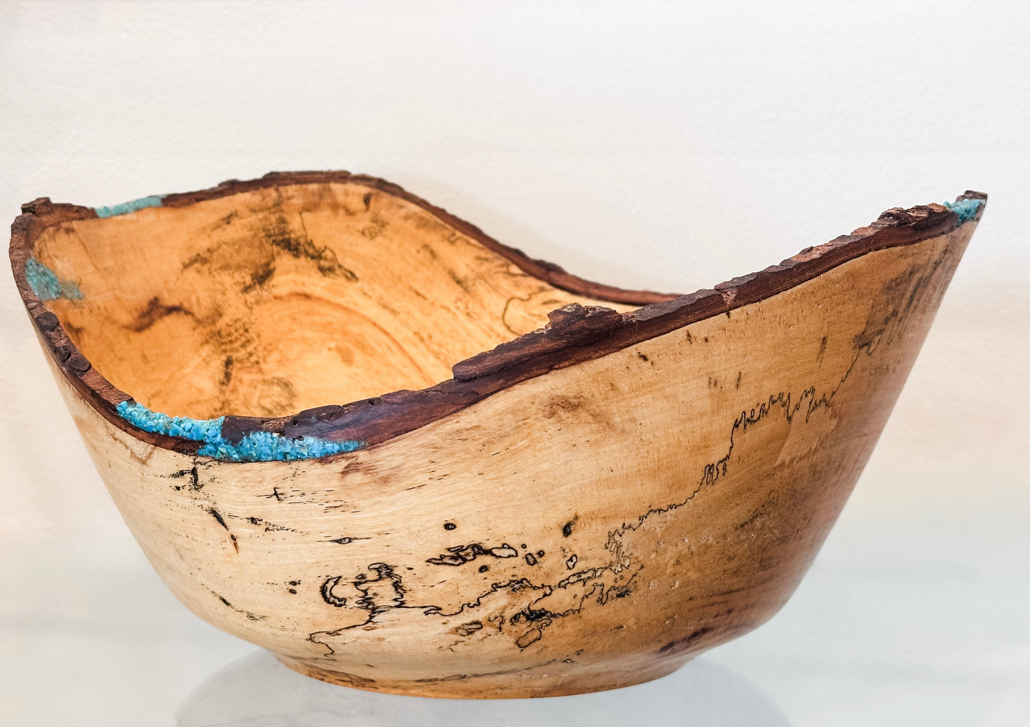 Large Artisanal Tamarind Wood Bowl with Turquoise Inlay, Handmade in Hawaii