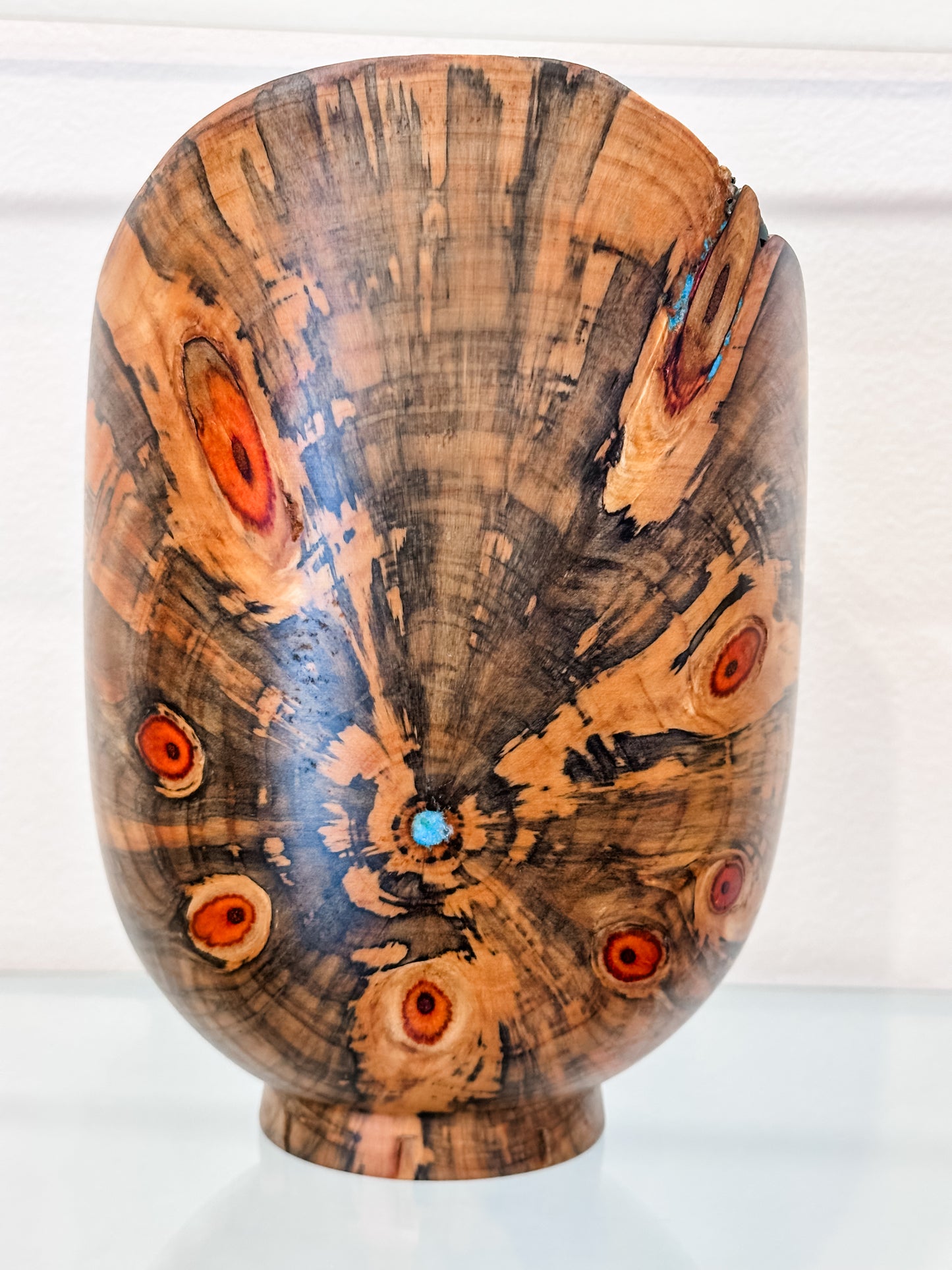 Handmade Vase-Shaped Norfolk Pine Wood Bowl with Turquoise Inlay Detail, Organic Finishes
