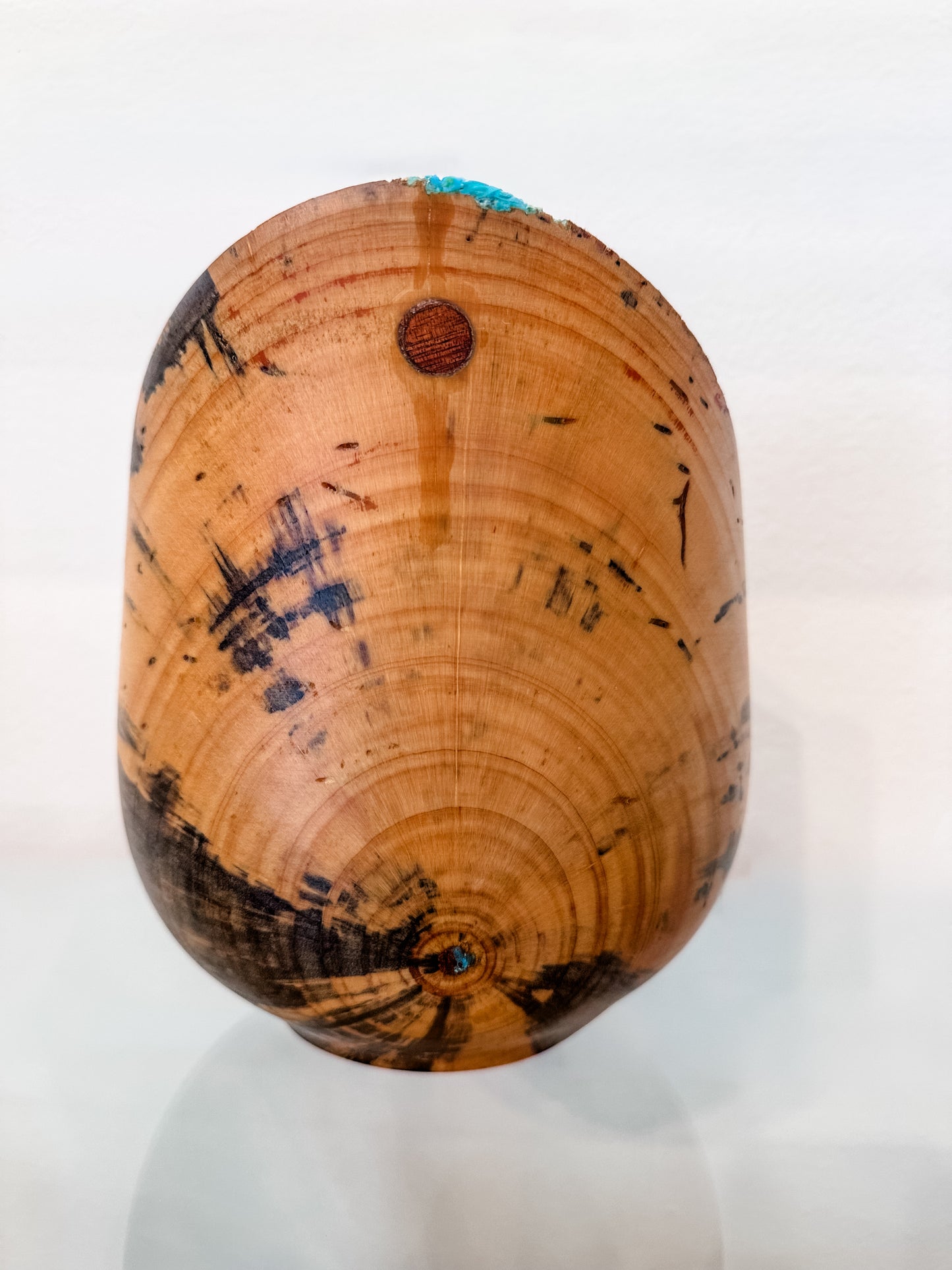 Handmade Vase-Shaped Norfolk Pine Wood Bowl with Turquoise Inlay Detail, Organic Finishes