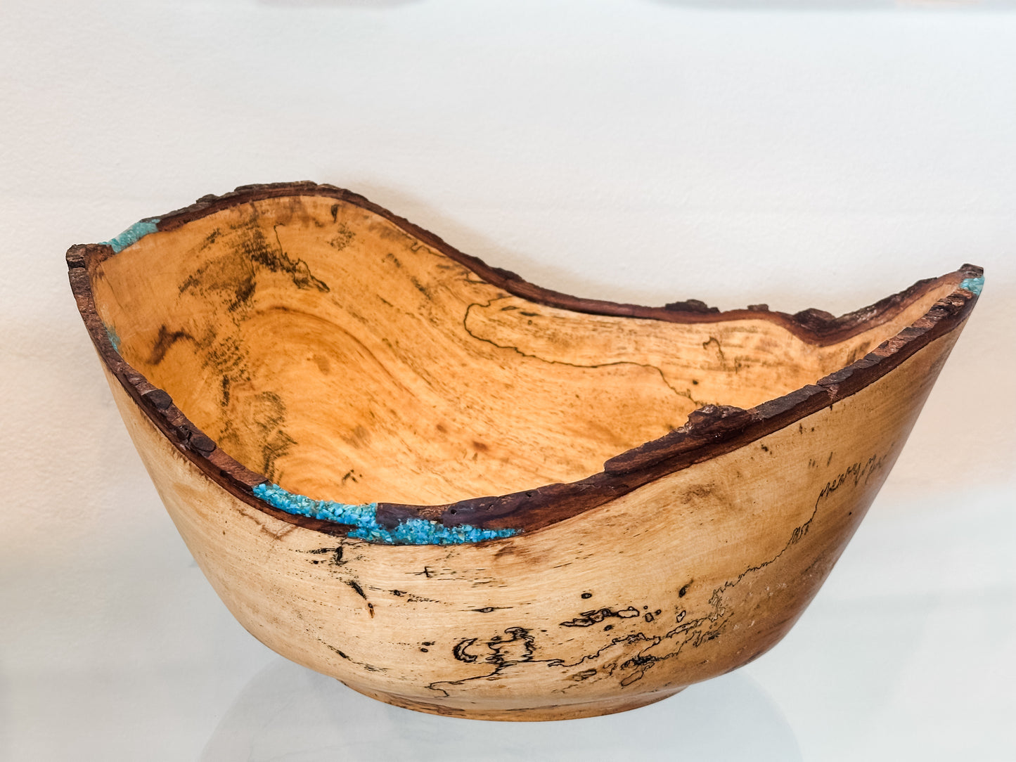 Large Artisanal Tamarind Wood Bowl with Turquoise Inlay, Handmade in Hawaii