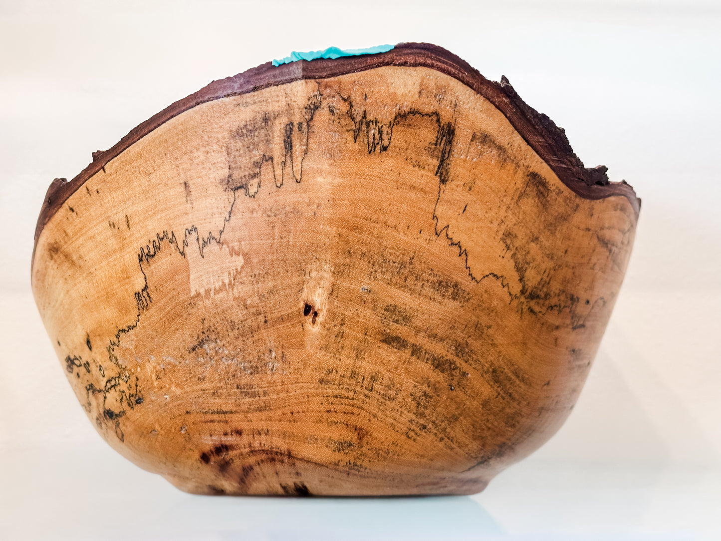 Large Artisanal Tamarind Wood Bowl with Turquoise Inlay, Handmade in Hawaii