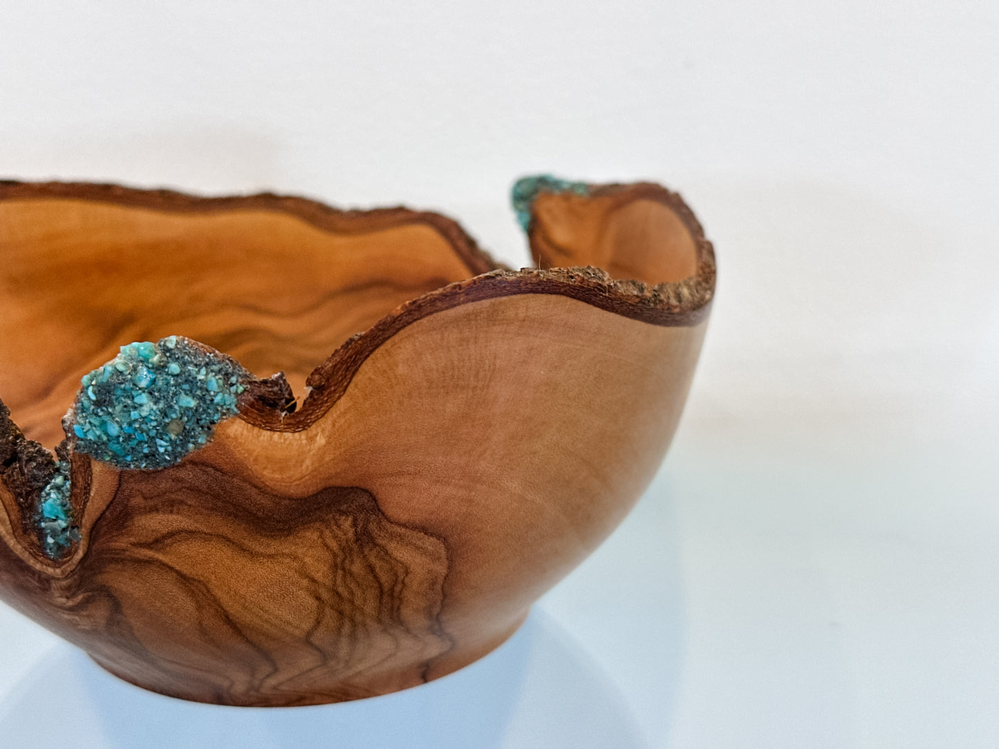 Handmade, Natural Edge Olive Wood Bowl with Turquoise Gemstone Inlay