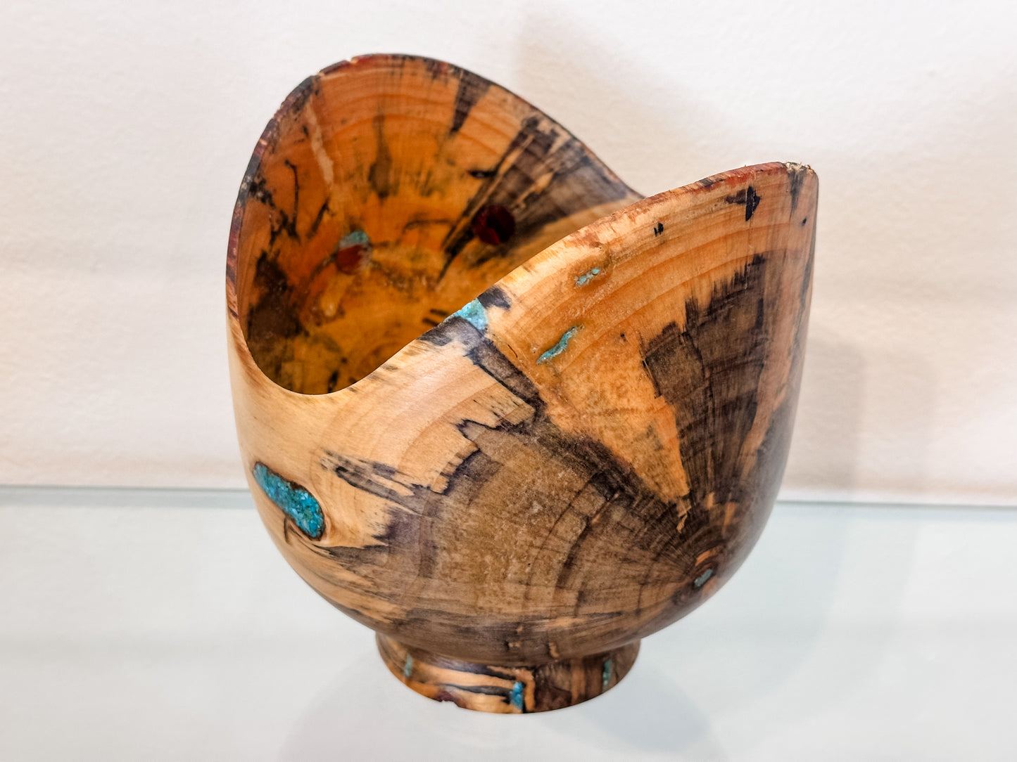 Norfolk Pine Wood Bowl, Hand-turned Wood Bowl, Handmade in Hawaii, with Turquoise Inlay, Food Safe