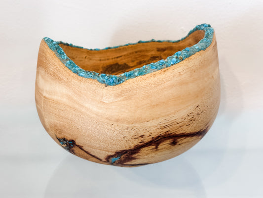 Jacaranda Wood Bowl, Natural Edge with Turquoise Inlay, Handmade in Hawaii