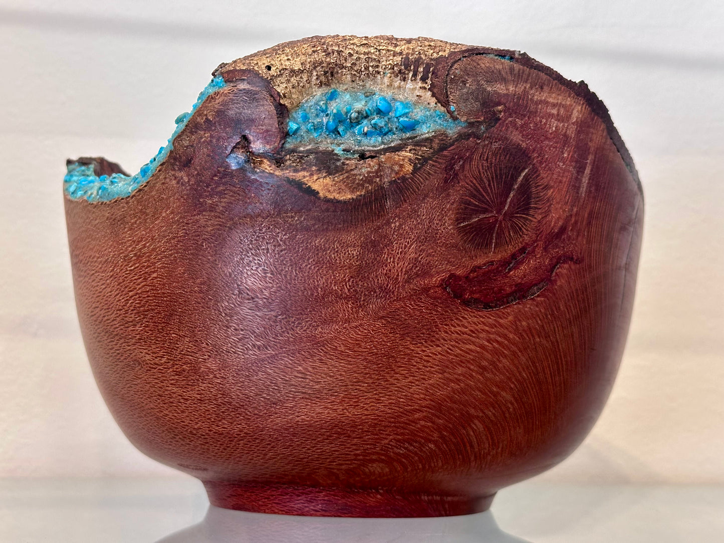 Natural Edge Artisanal Macadamia Nut Wood Bowl with Bark Inclusion and Turquoise Inlay