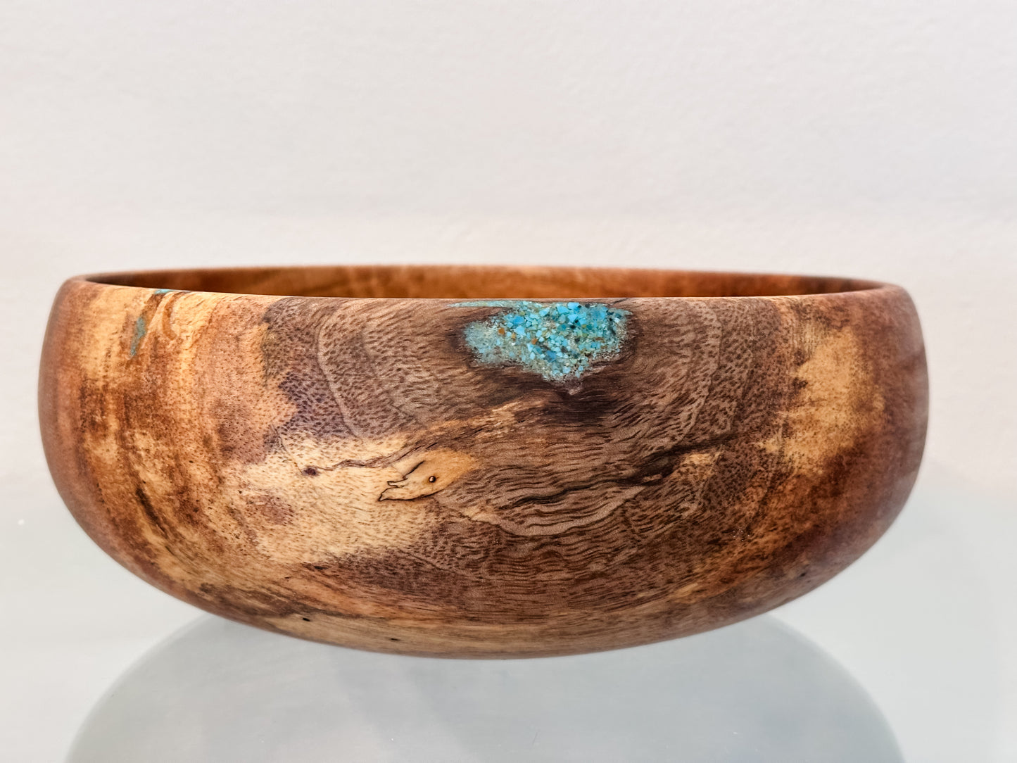 Hand-Turned Mango Wood Salad Bowl, Calabash Shape, Food Safe, Turquoise Inlay