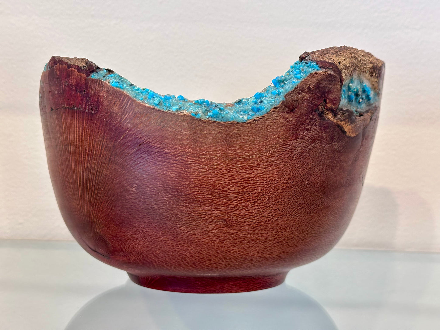 Natural Edge Artisanal Macadamia Nut Wood Bowl with Bark Inclusion and Turquoise Inlay