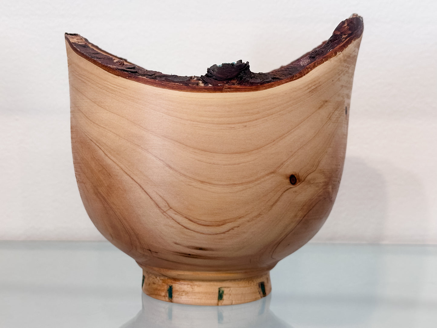 Natural Edge Cypress Wood Bowl with Turquoise Inlay, Hand-Turned in Hawaii by professional artist and bowl turner Llosh Winne