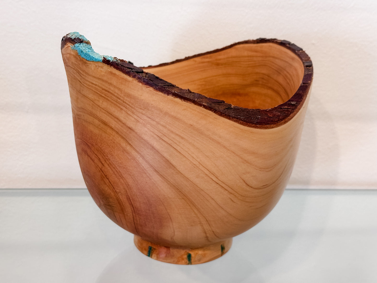 Natural Edge Cypress Wood Bowl with Turquoise Inlay, Hand-Turned in Hawaii by professional artist and bowl turner Llosh Winne
