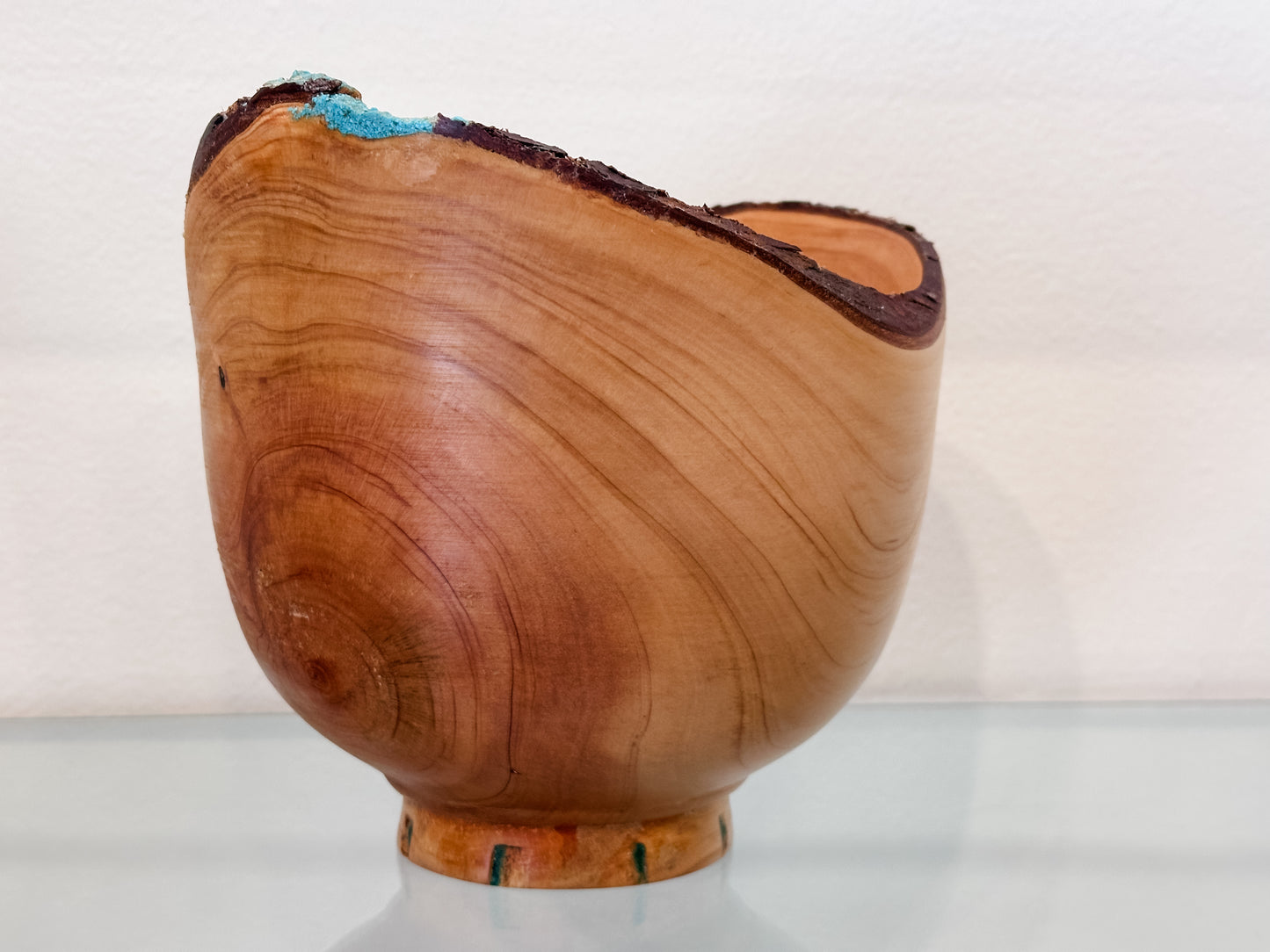 Natural Edge Cypress Wood Bowl with Turquoise Inlay, Hand-Turned in Hawaii by professional artist and bowl turner Llosh Winne