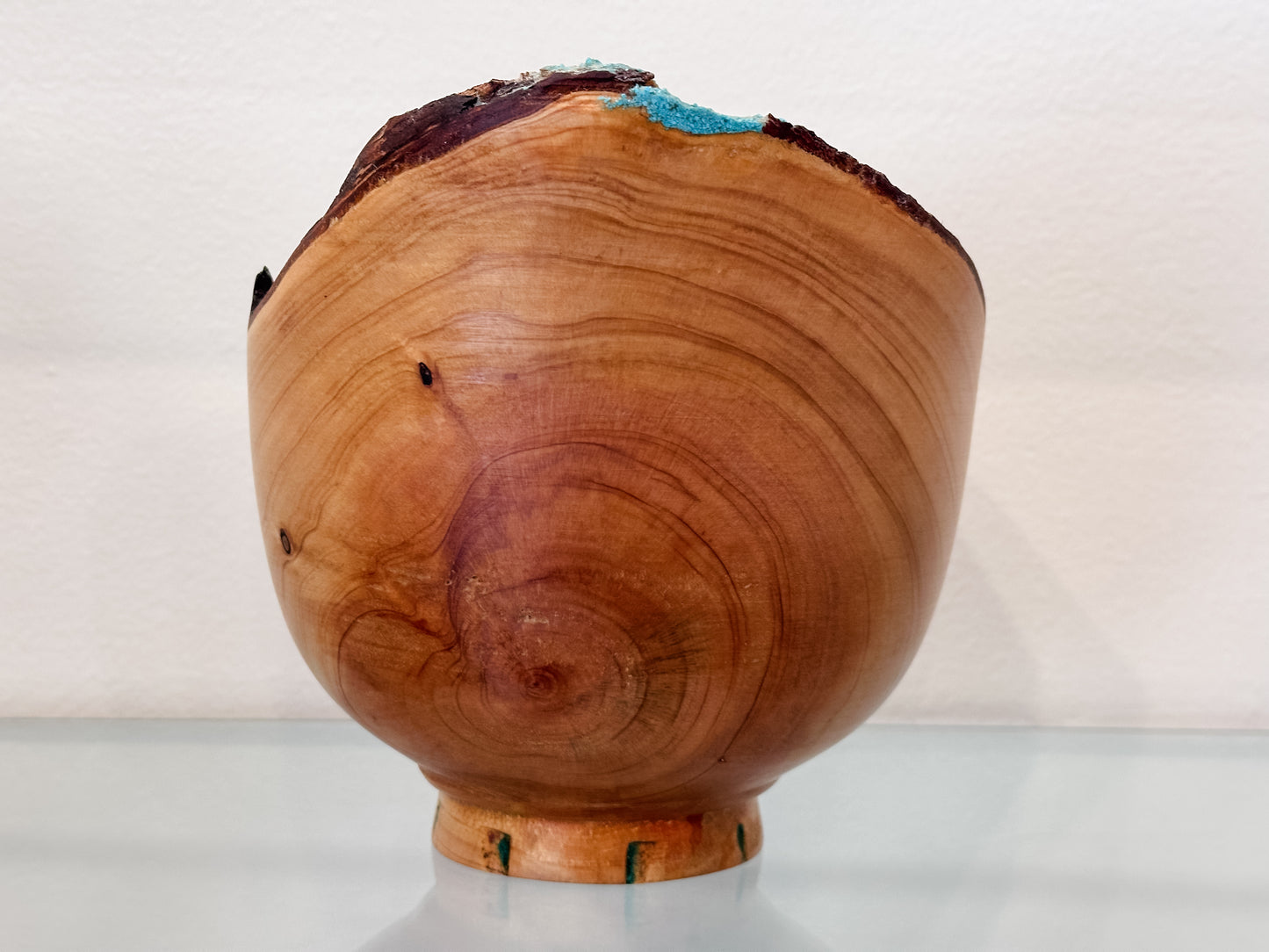 Natural Edge Cypress Wood Bowl with Turquoise Inlay, Hand-Turned in Hawaii by professional artist and bowl turner Llosh Winne