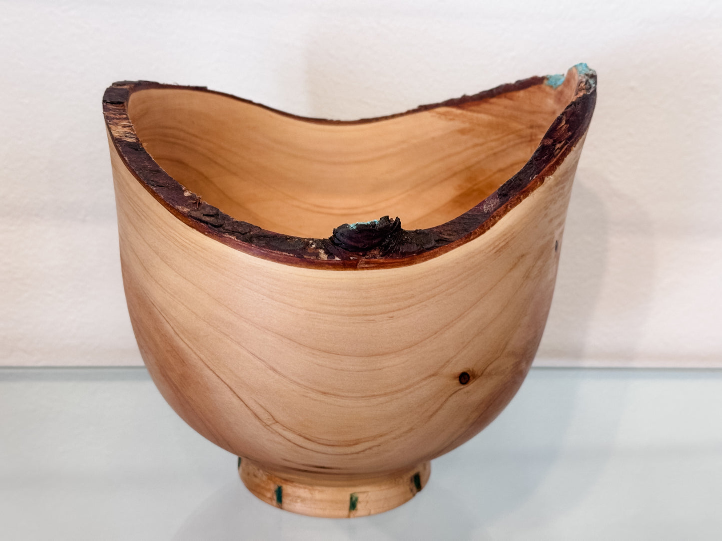 Natural Edge Cypress Wood Bowl with Turquoise Inlay, Hand-Turned in Hawaii by professional artist and bowl turner Llosh Winne