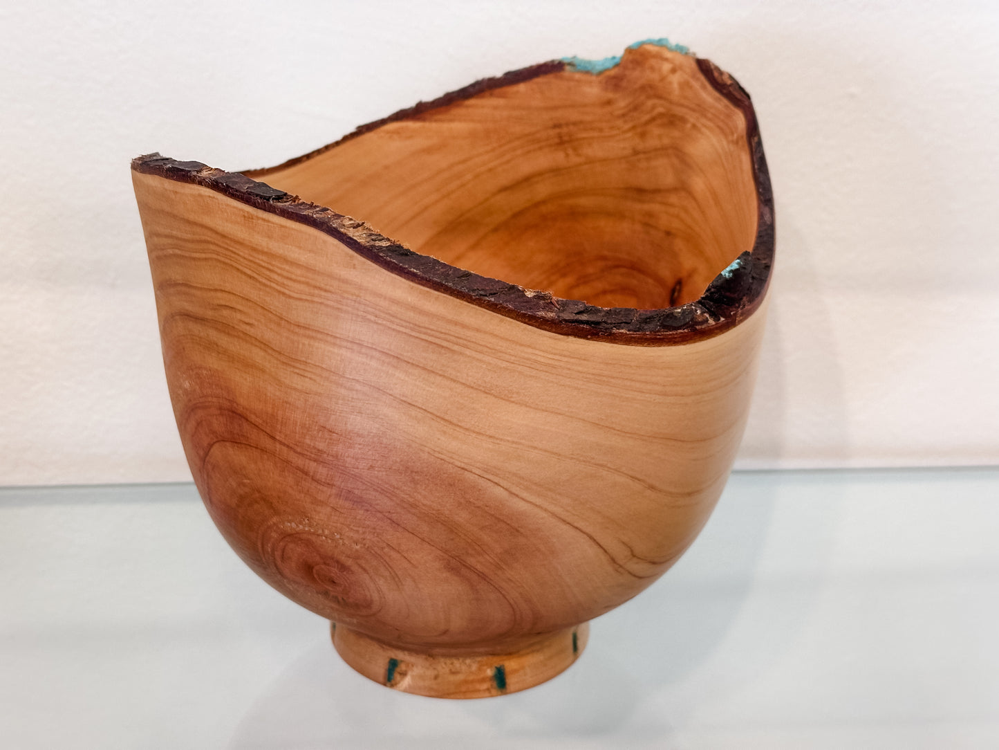 Natural Edge Cypress Wood Bowl with Turquoise Inlay, Hand-Turned in Hawaii by professional artist and bowl turner Llosh Winne