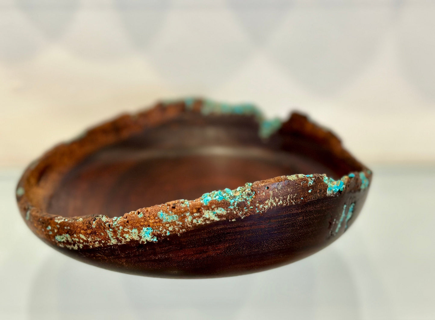 Handmade Chocolate Koa Wood Bowl with Turquoise Inlay, Natural Edge Kintsugi bowl, Hand turned bowl, Made in Hawaii