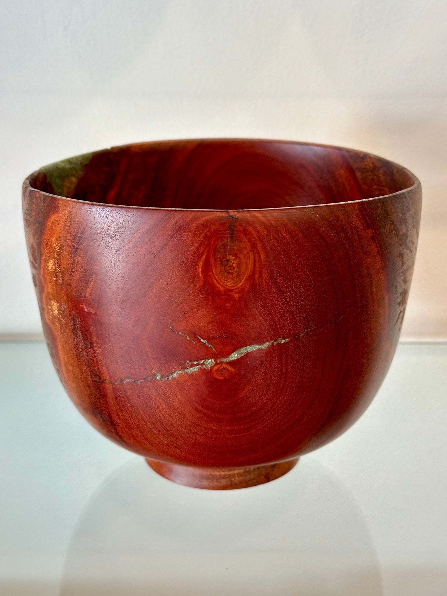 Medium-Size Eucalyptus Robusta Wood Bowl with Turquoise Inlay, Handmade in Hawaii by Llosh Winne