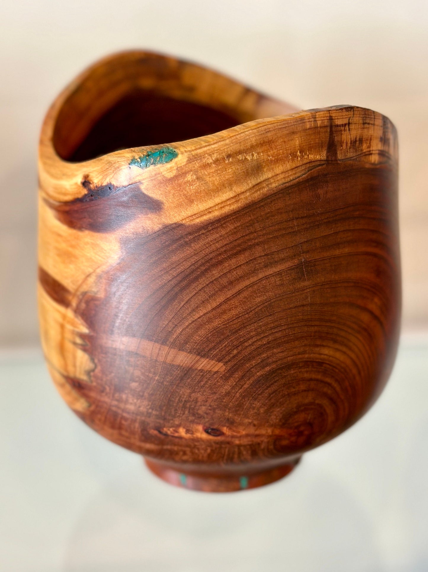 Handmade, natural edge juniper wood bowl with turquoise detailing, Hand-turned in Hawaii by Llosh Winne
