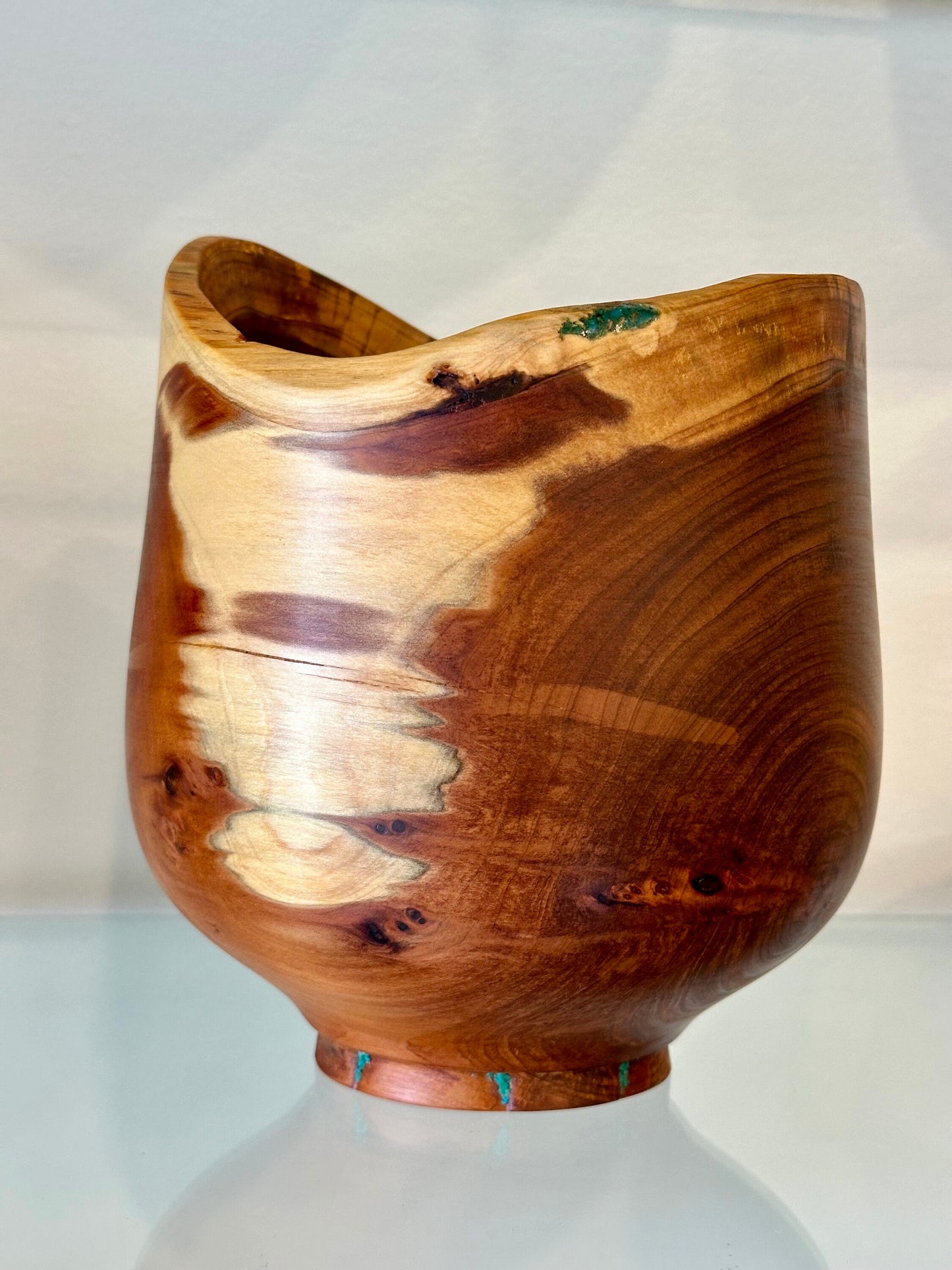 Handmade, natural edge juniper wood bowl with turquoise detailing, Hand-turned in Hawaii by Llosh Winne