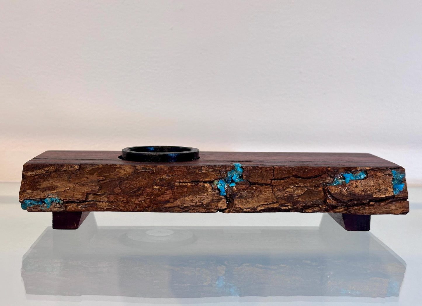 Handmade Koa Wood Ikebana (Japanese Style Vase) with Bark Inclusion and Turquoise Inlay, Wood Ikebana, Made in Hawaii