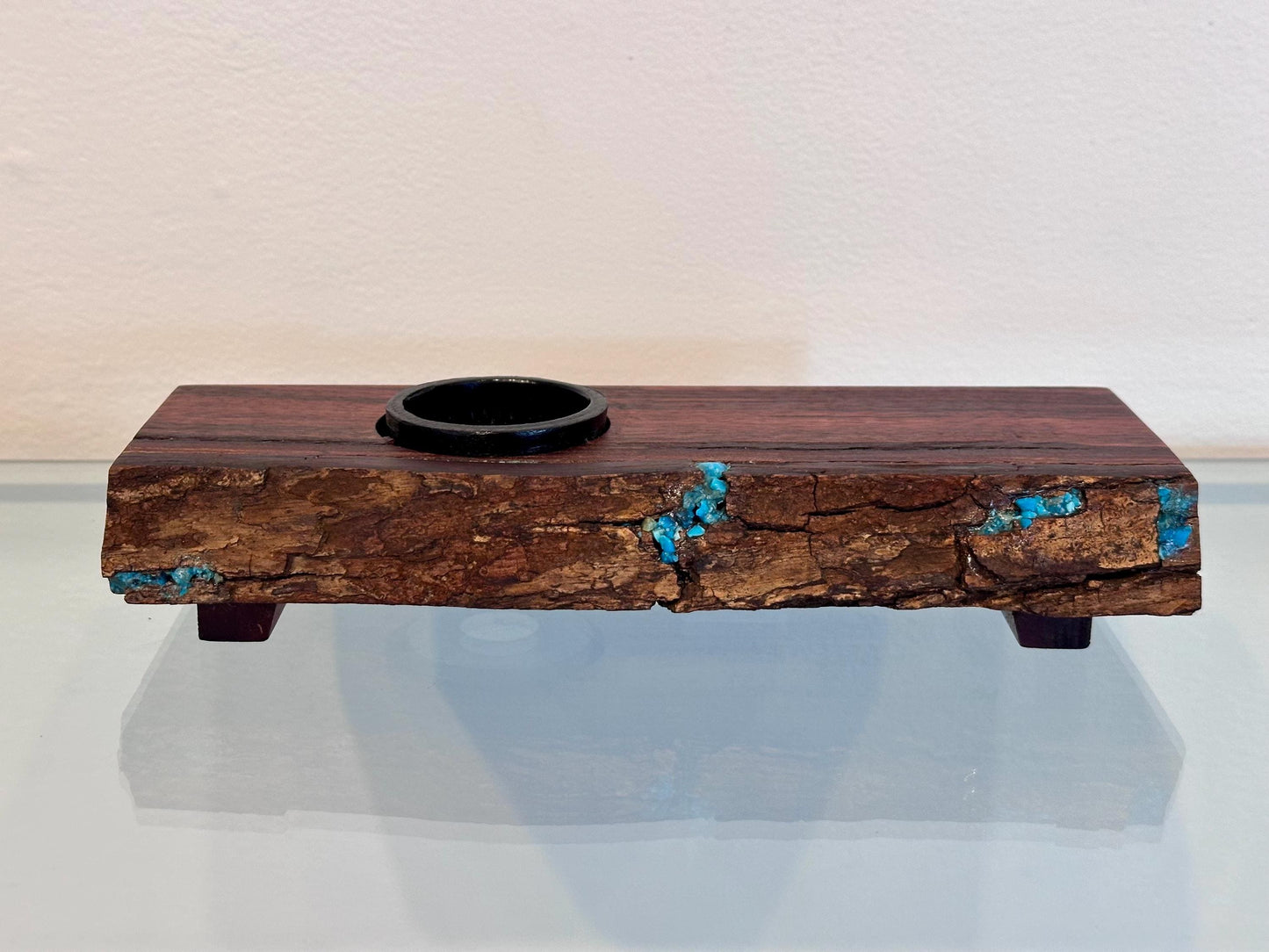 Handmade Koa Wood Ikebana (Japanese Style Vase) with Bark Inclusion and Turquoise Inlay, Wood Ikebana, Made in Hawaii