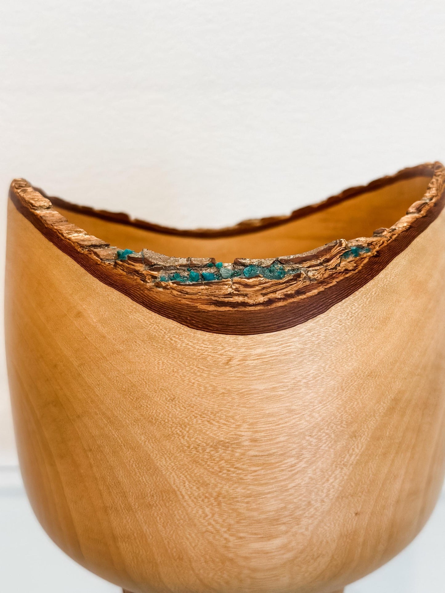 Jacaranda Wood Bowl with Live Edge Bark Inclusion and Turquoise Gemstone Inlay, Handmade in Hawaii, Organic