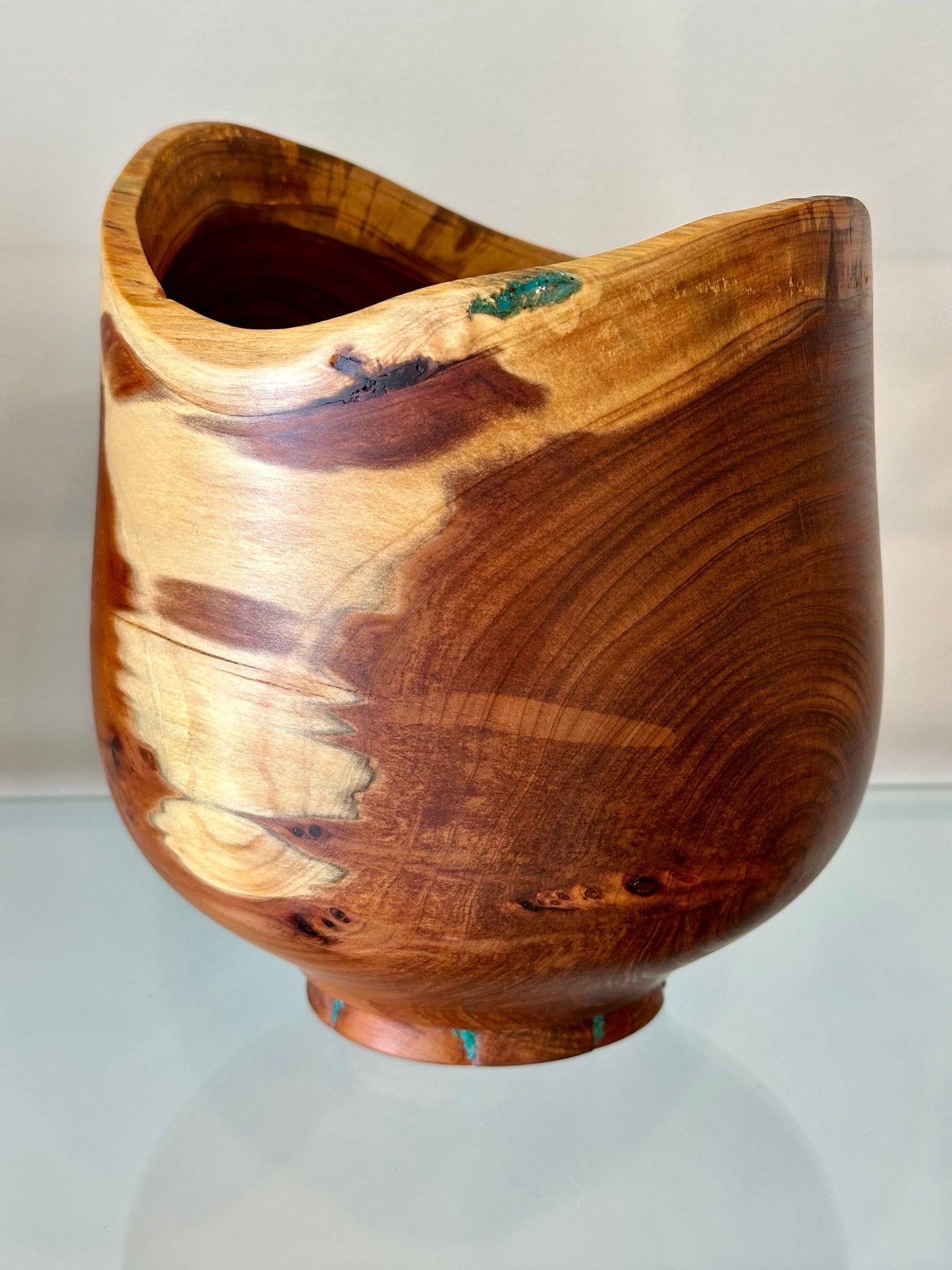 Handmade, natural edge juniper wood bowl with turquoise detailing, Hand-turned in Hawaii by Llosh Winne